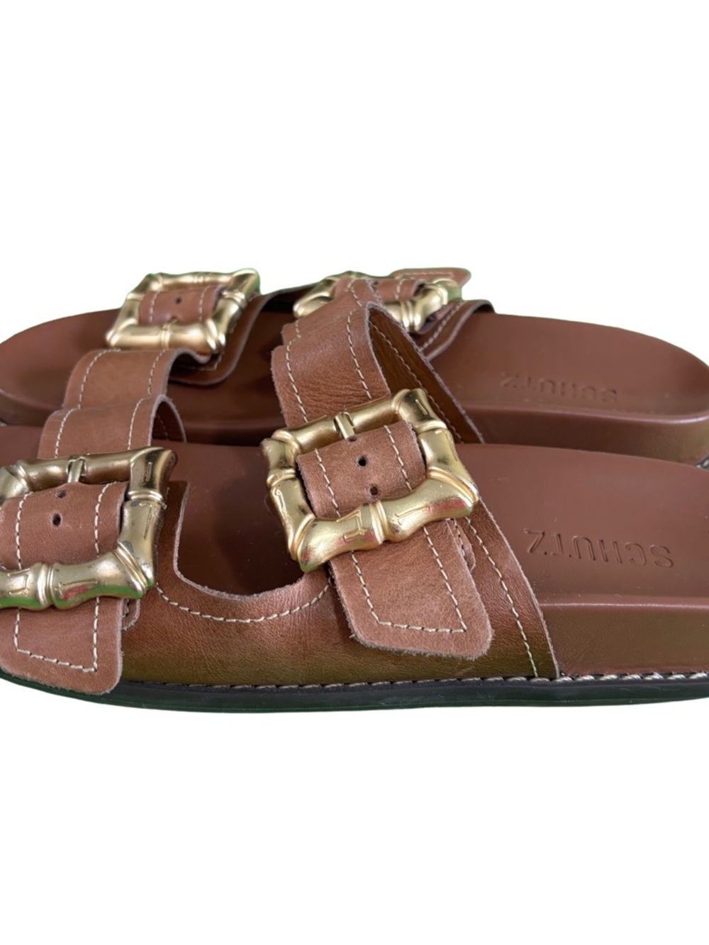 “Schutz Enola Brown Leather Double Buckle Slide Sandals Gold Hardware Size 8 - Picture 3 of 5